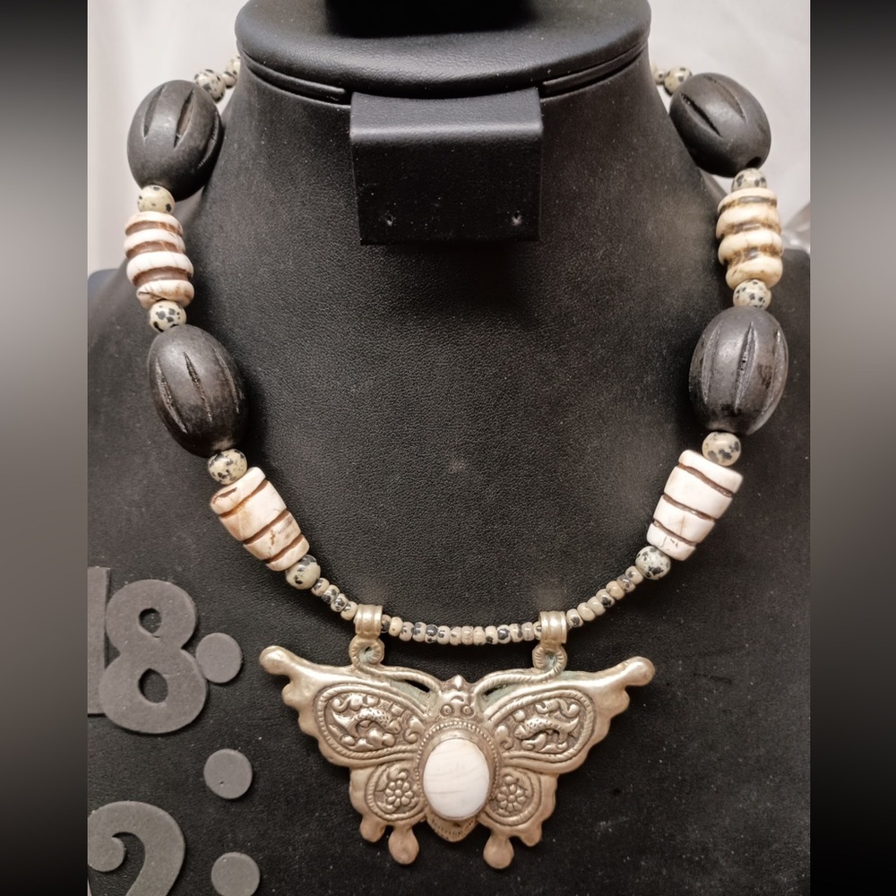 Artisan BOHO Black and Cream wooden beads w/ Butterfly Pendant Necklace